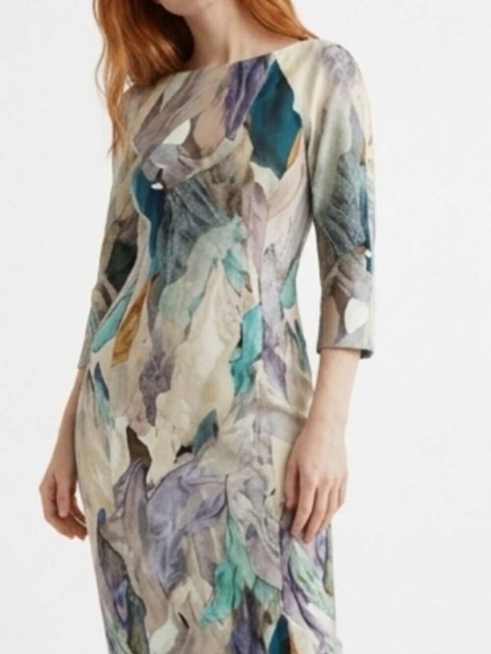 H & M Watercolor Abstract Printed Sheath Midi Dress in Multi-Color size 8 - Picture 2 of 16